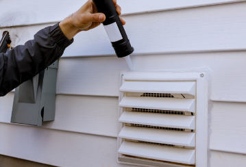 A person caulks along the edge of a dryer vent on the outside of a home.